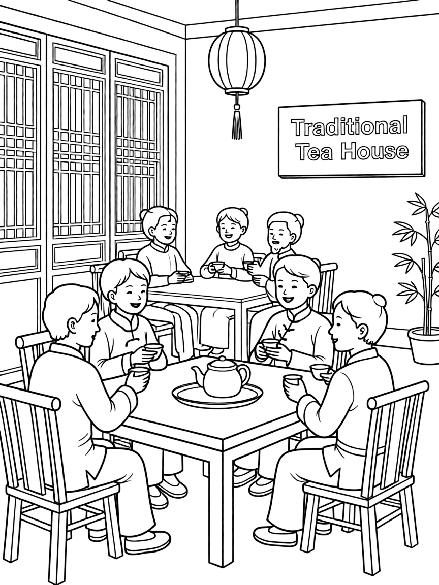 A traditional Chinese tea house in Shanghai with delicate teacups and happy tea drinkers.