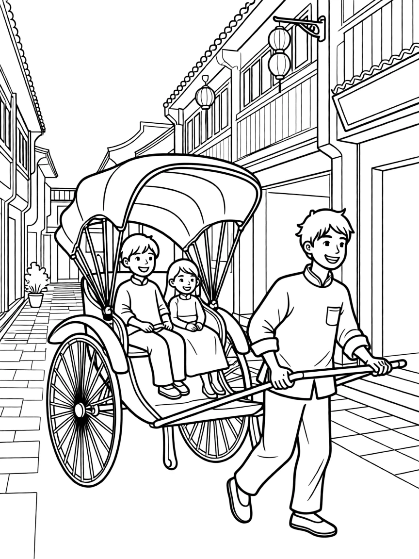 A traditional rickshaw ride through the old lanes of Shanghai with smiling passengers.