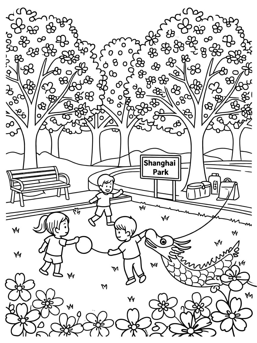 A peaceful scene in a Shanghai park with cherry blossoms blooming and children playing.