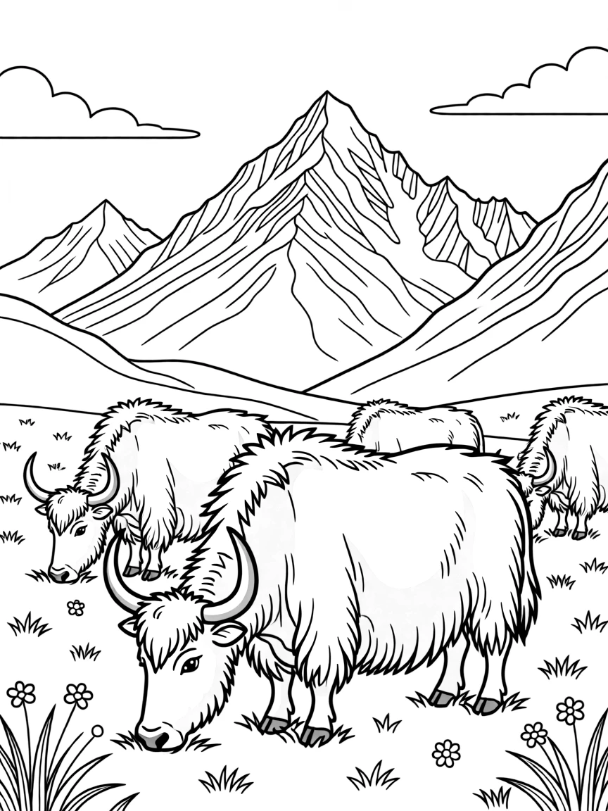 Yaks grazing in a high-altitude meadow in Tibet with snow-capped mountains in the background.