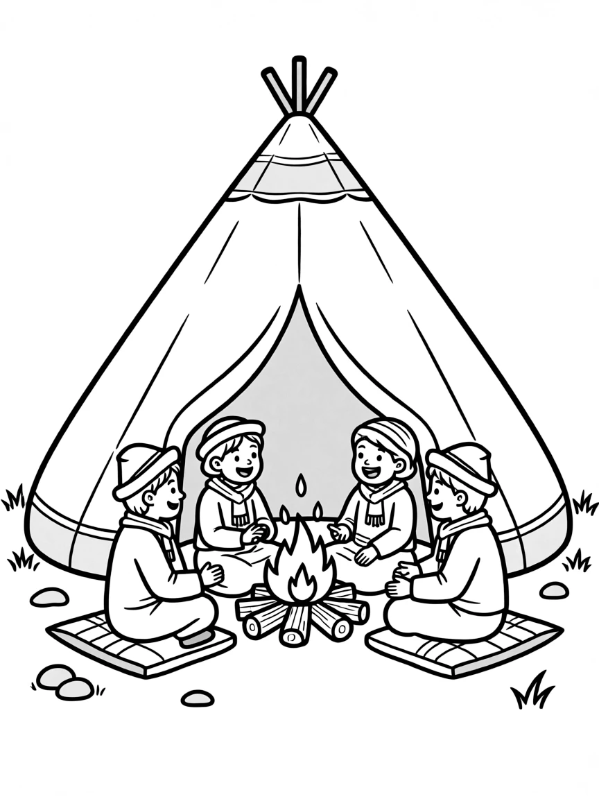 A traditional Tibetan nomad tent with a cozy fire inside and a family telling stories.