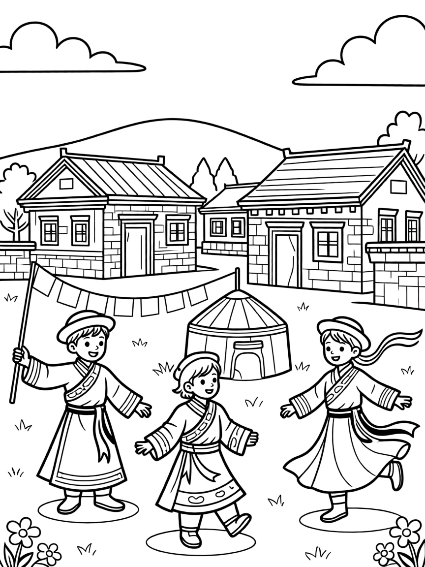 Kids in traditional Tibetan clothing playing in a sunny village.