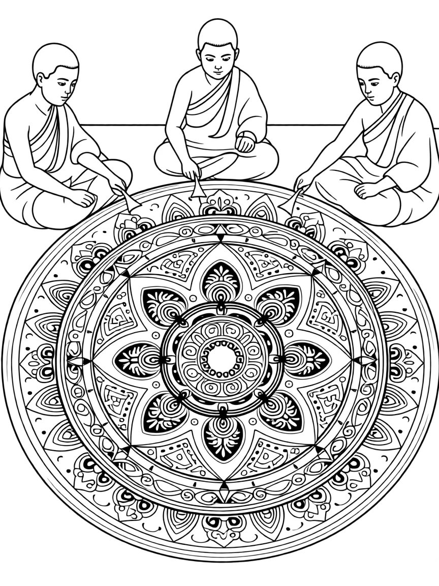 A colorful sand mandala being created by Tibetan monks with intricate patterns.