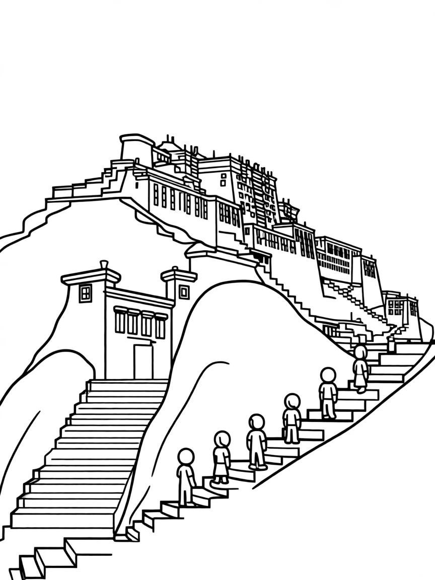 A Potala Palace in Tibet standing majestically on a hill with tiny people walking up the steps.