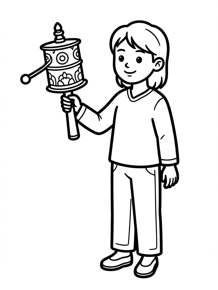 A Tibetan prayer wheel being spun by a happy person with a peaceful expression.