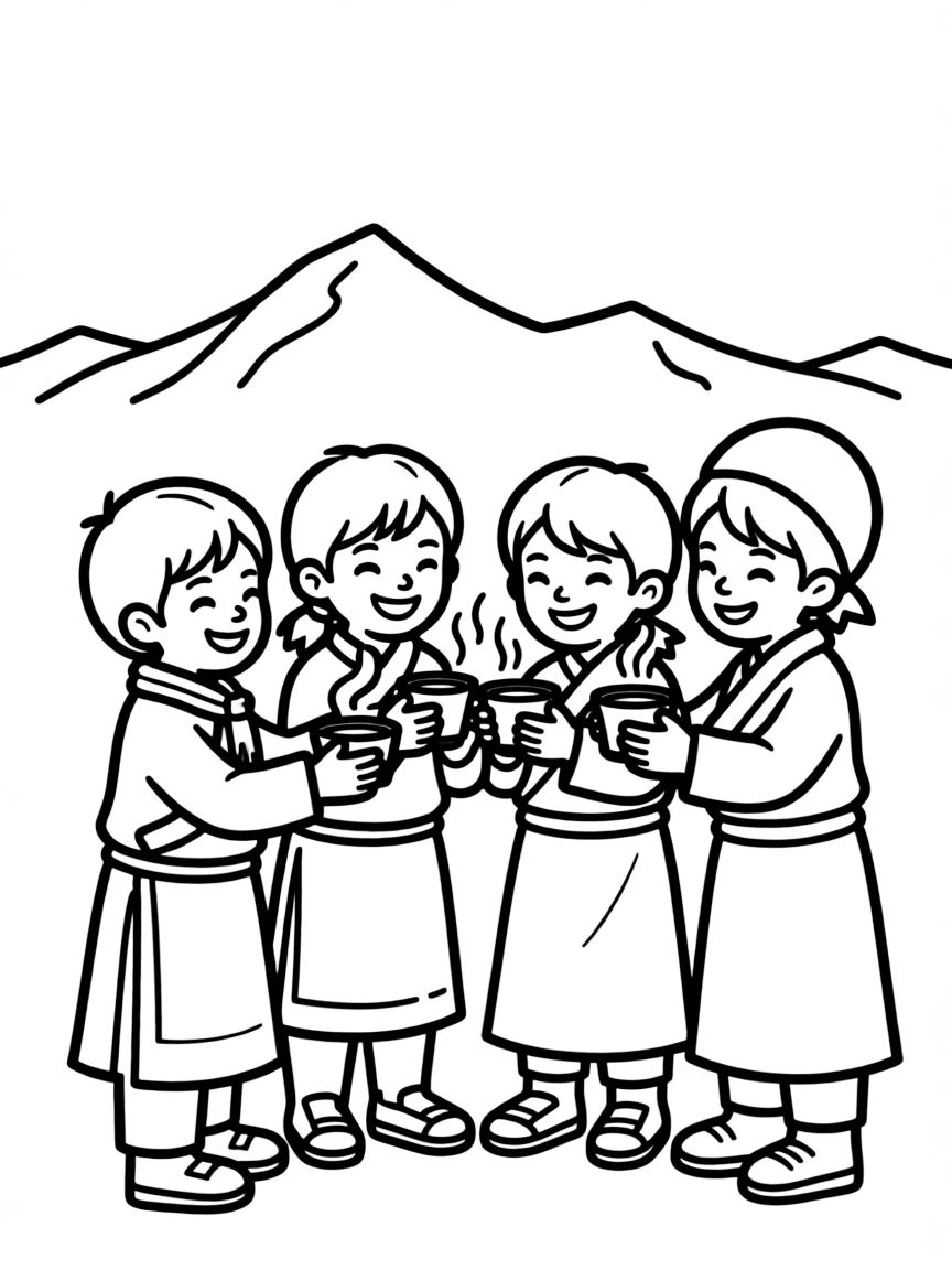 A group of friendly Tibetan children sharing a warm cup of yak butter tea.