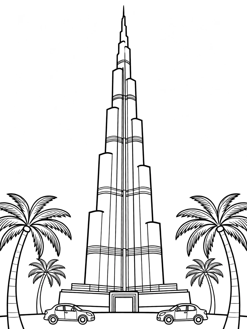 The Burj Khalifa in Dubai reaching high into the sky, with tiny cars and palm trees below.