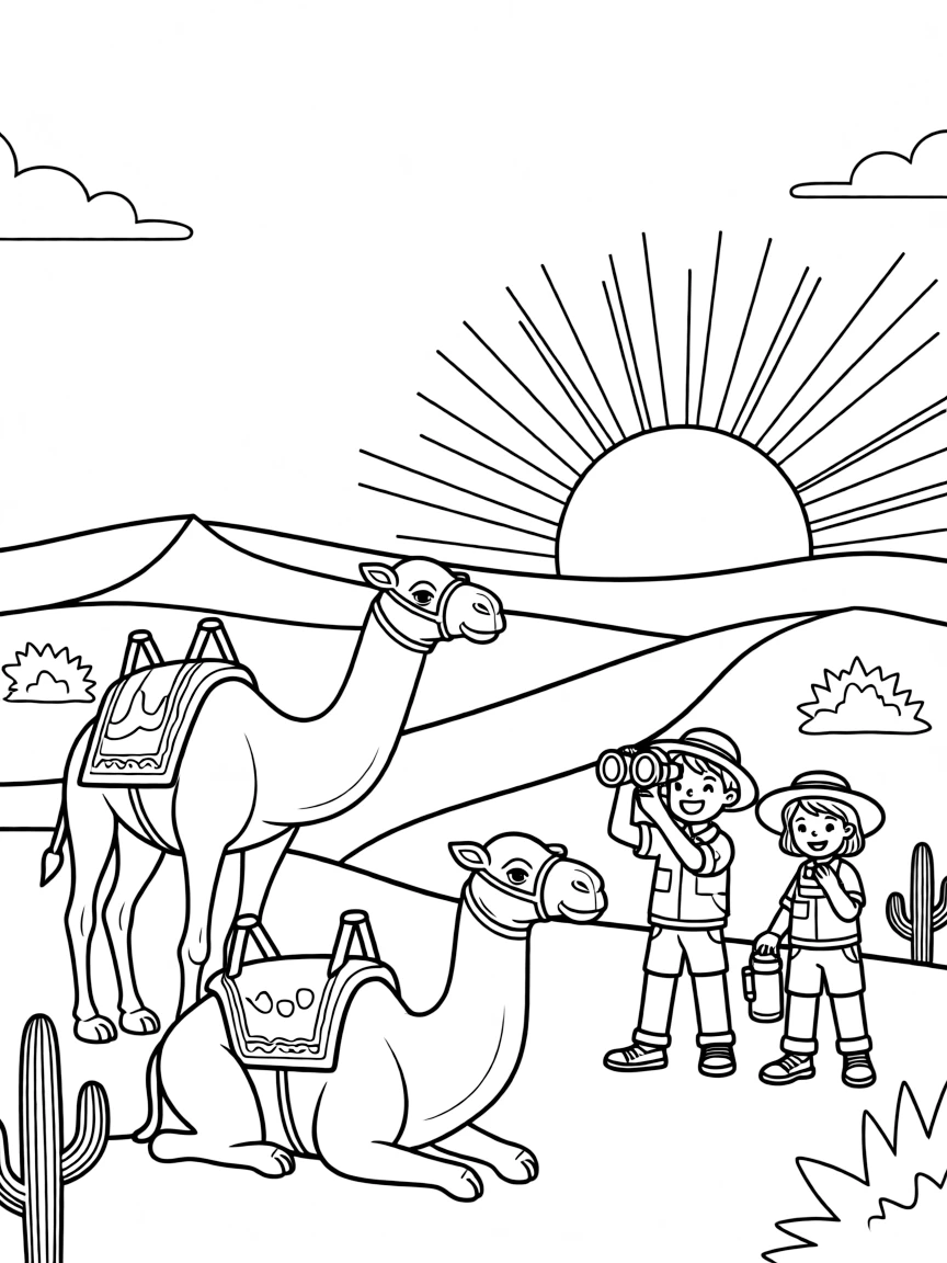A vibrant desert safari in Dubai with camels, sand dunes, and a setting sun.
