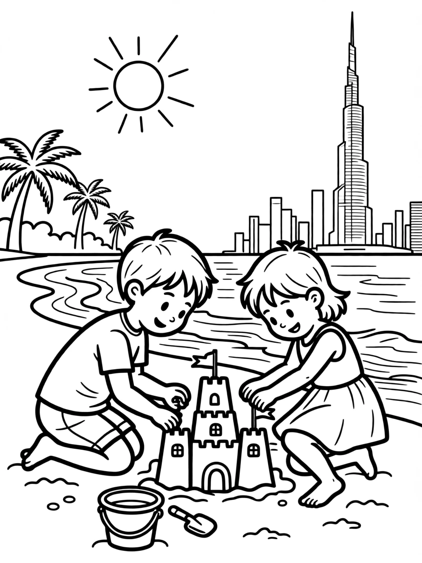 Kids building sandcastles on a sunny beach in Dubai with the ocean waves gently lapping.