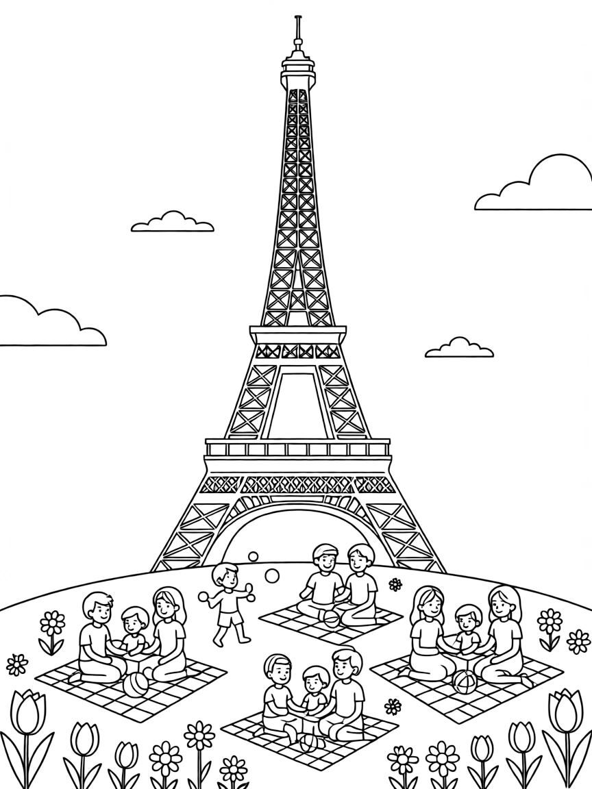 The Eiffel Tower in Paris with happy families picnicking on the grass and blooming flowers.