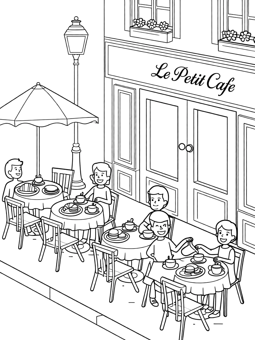 A charming cafe in Paris with outdoor seating, delicious pastries, and smiling people enjoying coffee.