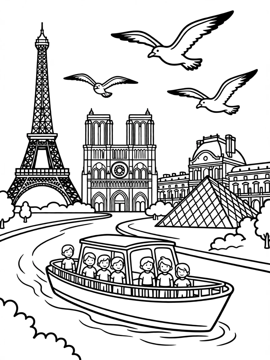 A boat ride on the Seine River in Paris with famous landmarks passing by and seagulls flying.