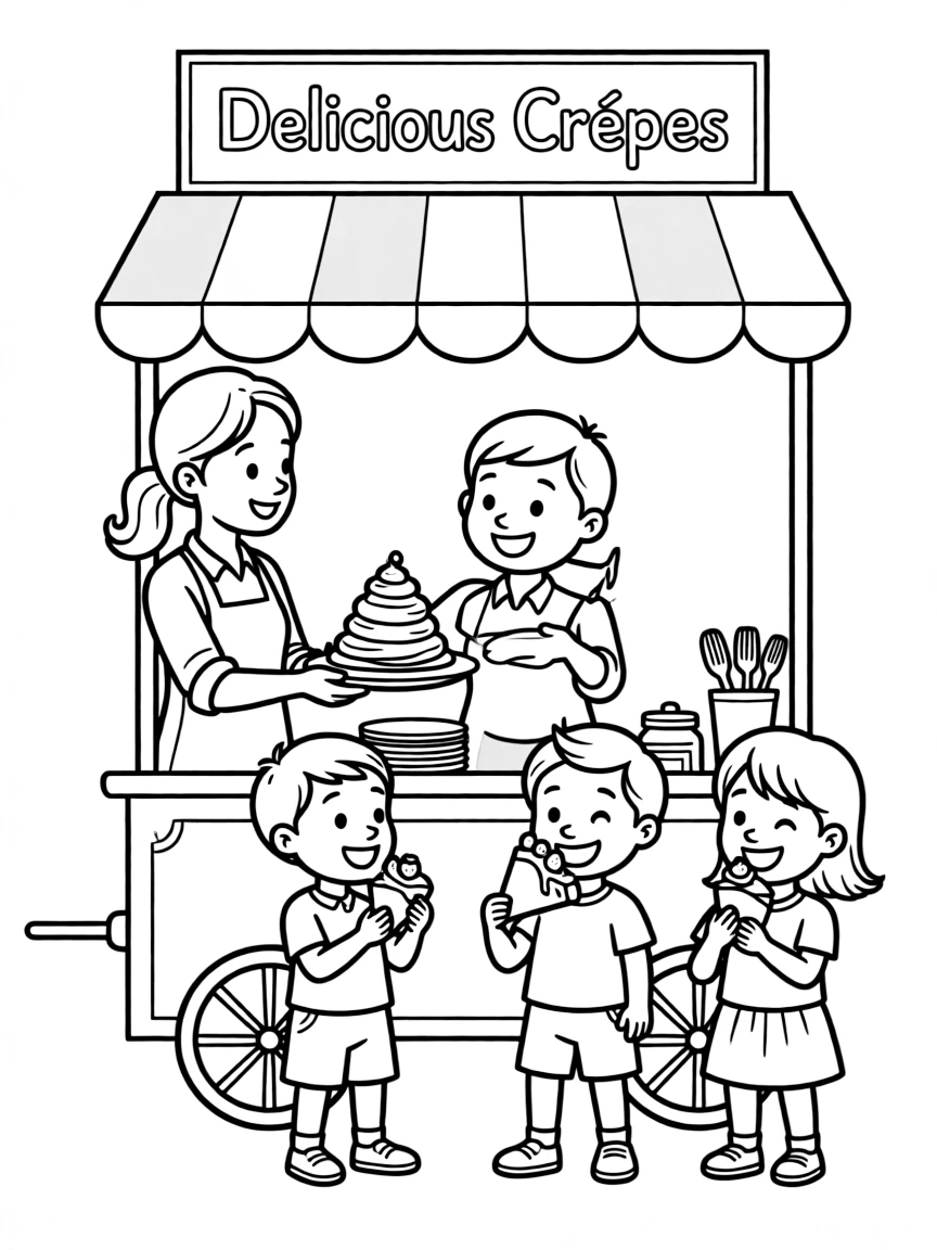 A delicious crêpe stand in Paris with a friendly vendor and happy kids eating sweet treats.