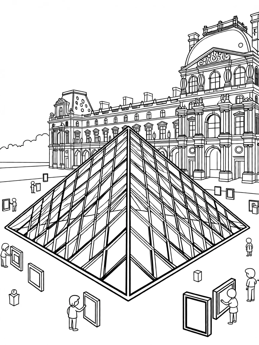 The Louvre Museum in Paris with its glass pyramid and tiny people admiring famous artworks.