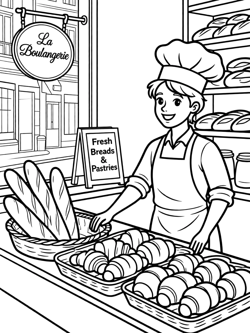 A traditional French bakery in Paris with warm baguettes and tempting croissants.