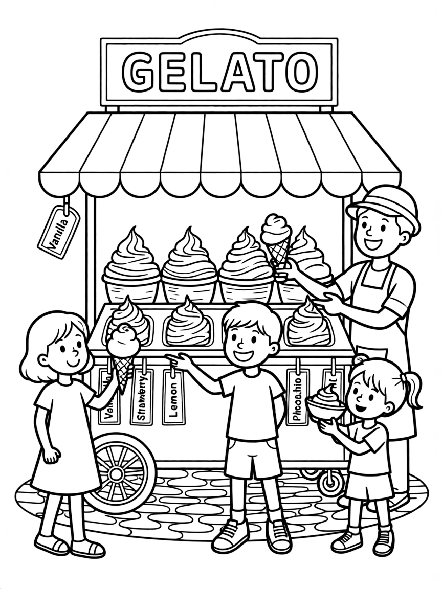 A delicious gelato stand in Rome with lots of flavors and happy kids choosing their favorites.