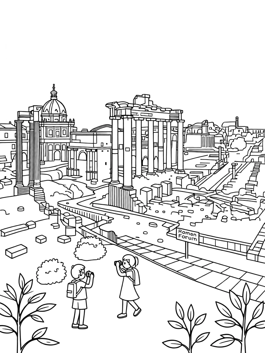 The Roman Forum in Rome with ancient ruins and curious tourists exploring.