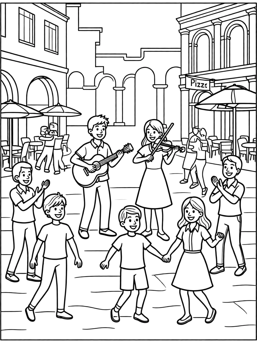A busy piazza in Rome with street musicians playing and people dancing.