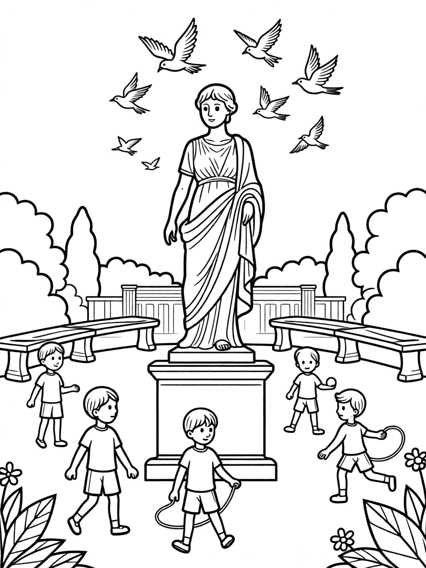 A beautiful statue in a Roman park with birds flying overhead and children playing nearby.