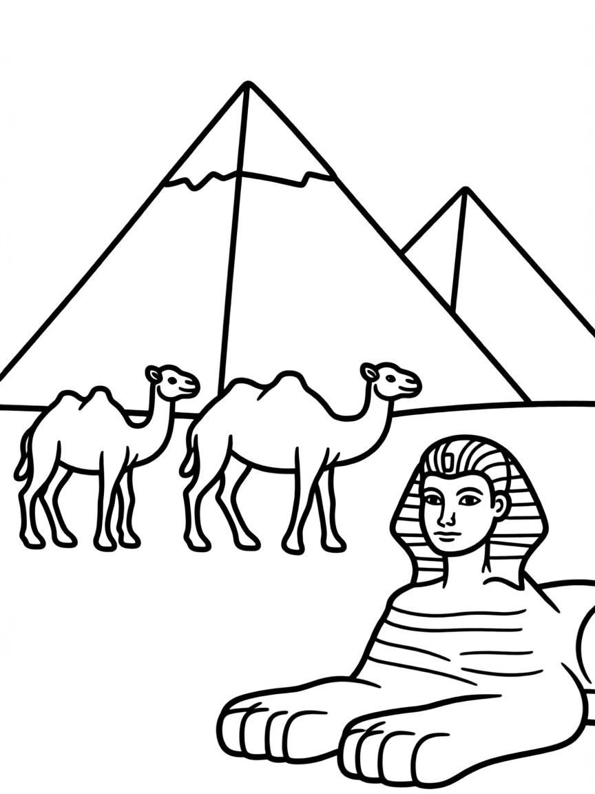 The Pyramids of Giza in Egypt with majestic camels walking by and the Sphinx watching over.