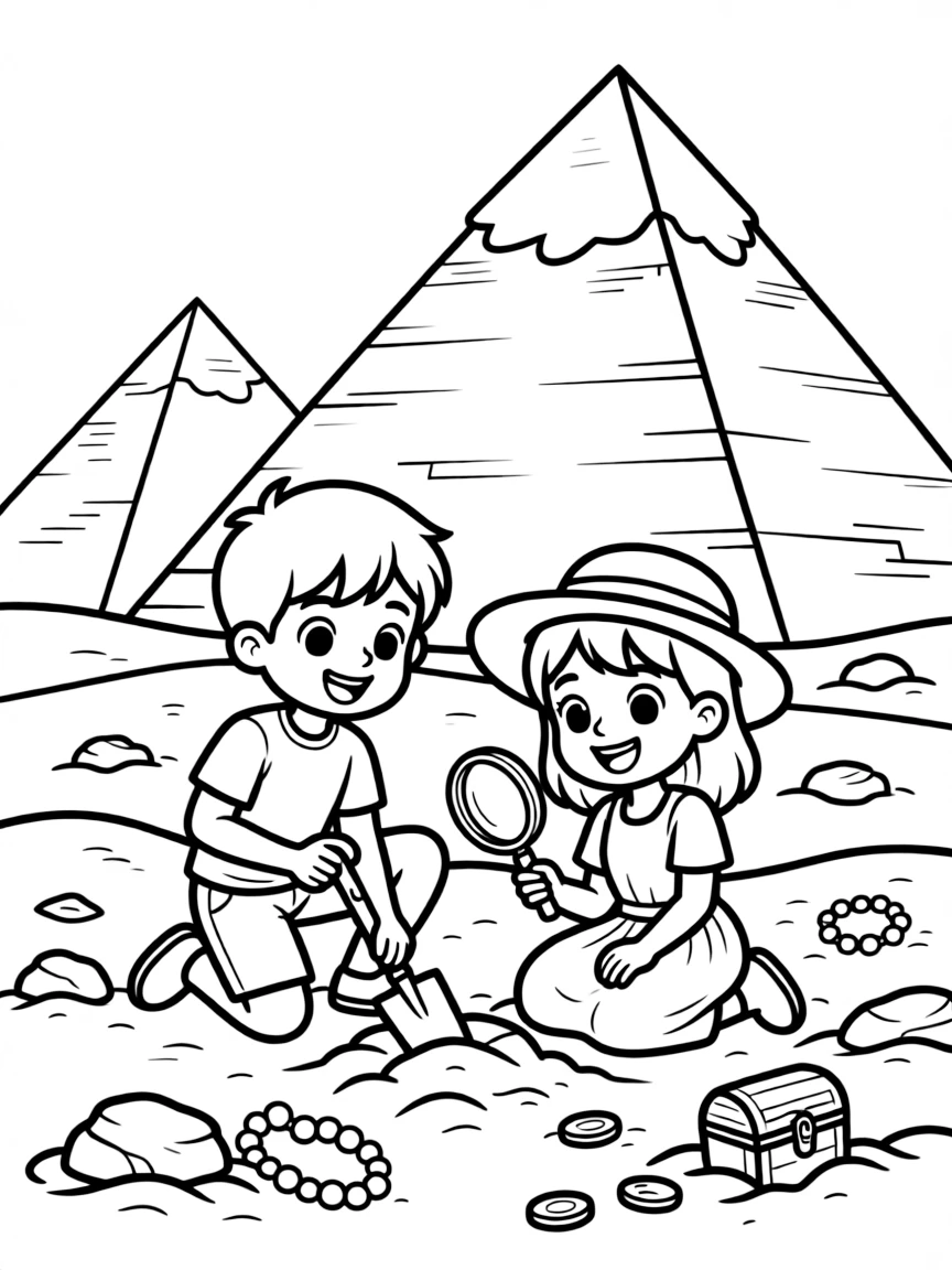 Kids digging for treasures in the sand near the Pyramids, imagining ancient adventures.