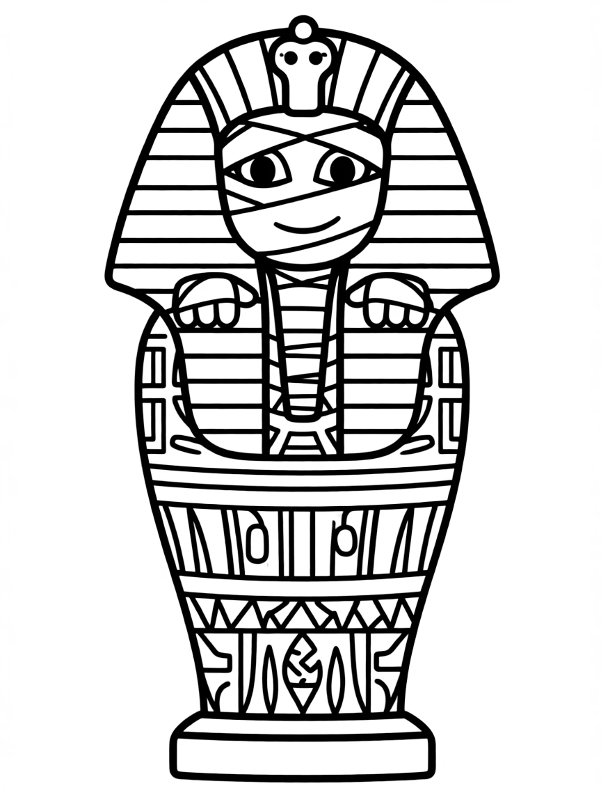A friendly mummy (not scary!) peeking out from a sarcophagus in an Egyptian museum.