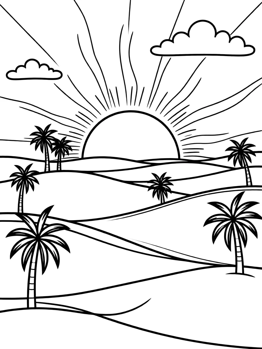 A panoramic view of the desert in Egypt with a sunset and tiny palm trees.