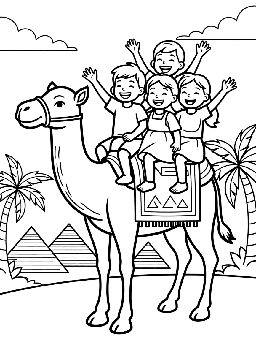 A group of happy children riding a camel in Egypt, laughing and waving.