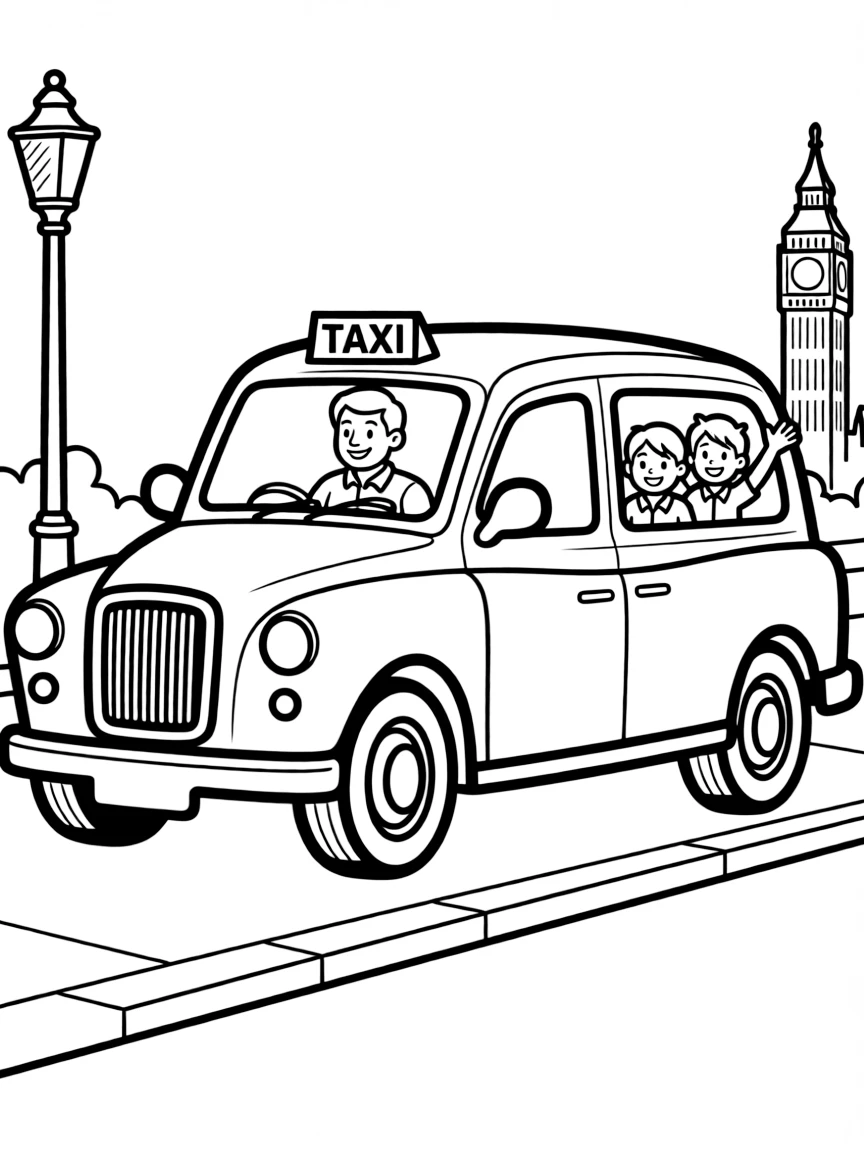 A traditional black cab in London with a friendly driver and happy passengers.