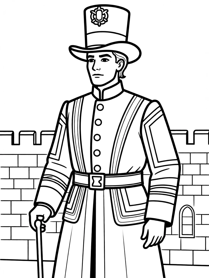 A Beefeater guard at the Tower of London with his impressive uniform.