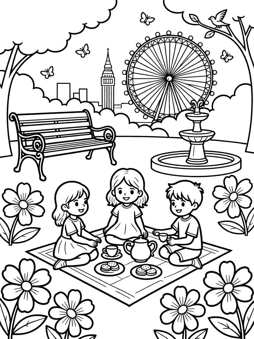 Kids playing in a park in London with beautiful flowers and a tiny tea party.