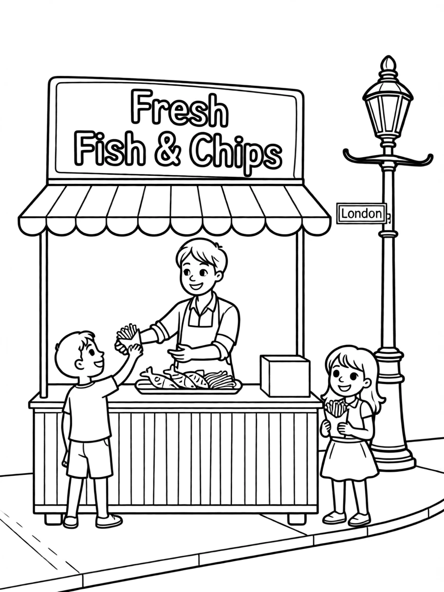 A delicious fish and chips stand in London with happy eaters.