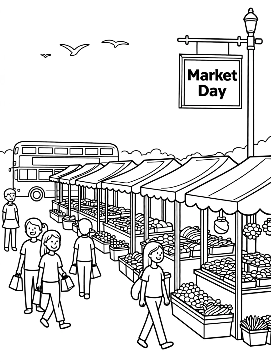 A lively street market in London with colorful stalls and happy shoppers.