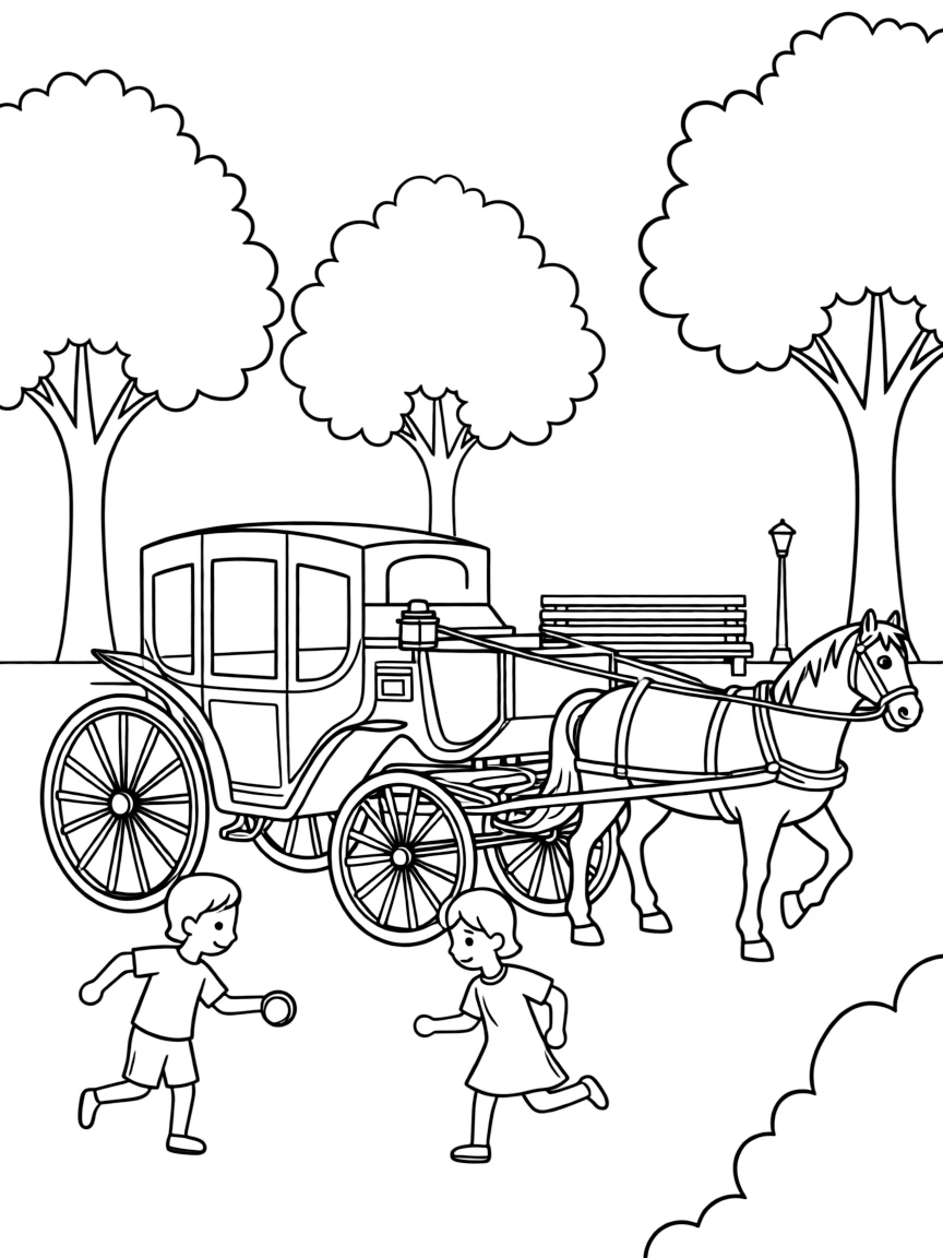 Kids playing in Central Park, New York City, with a horse-drawn carriage nearby.