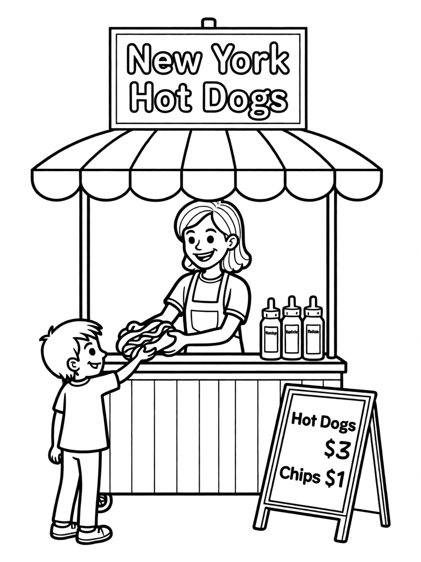 A delicious New York-style hot dog stand with a friendly vendor.