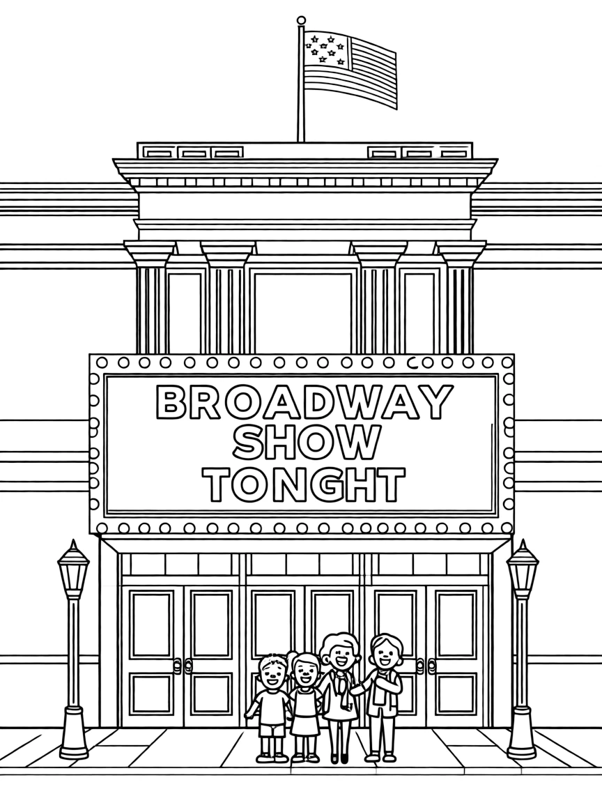 A Broadway theater in New York City with a bright marquee and happy show-goers.