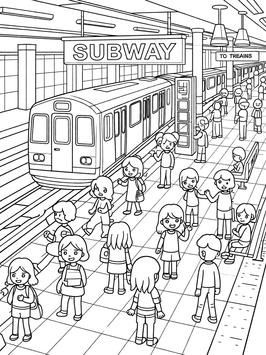 A busy subway station in New York City with trains arriving and departing.