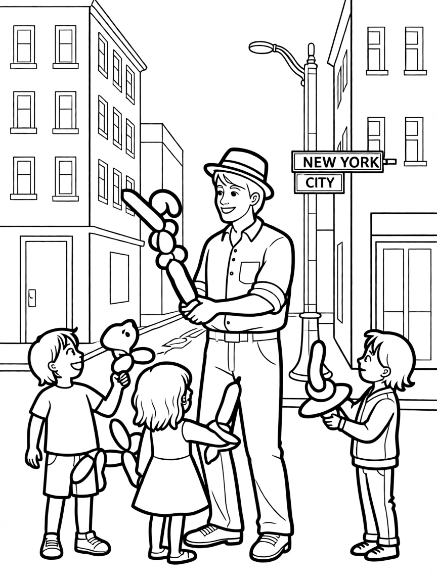 A street performer in New York City making balloon animals for happy children.