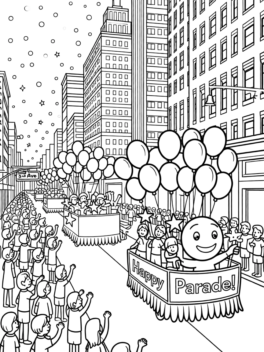 A festive parade in New York City with colorful floats and lots of confetti.