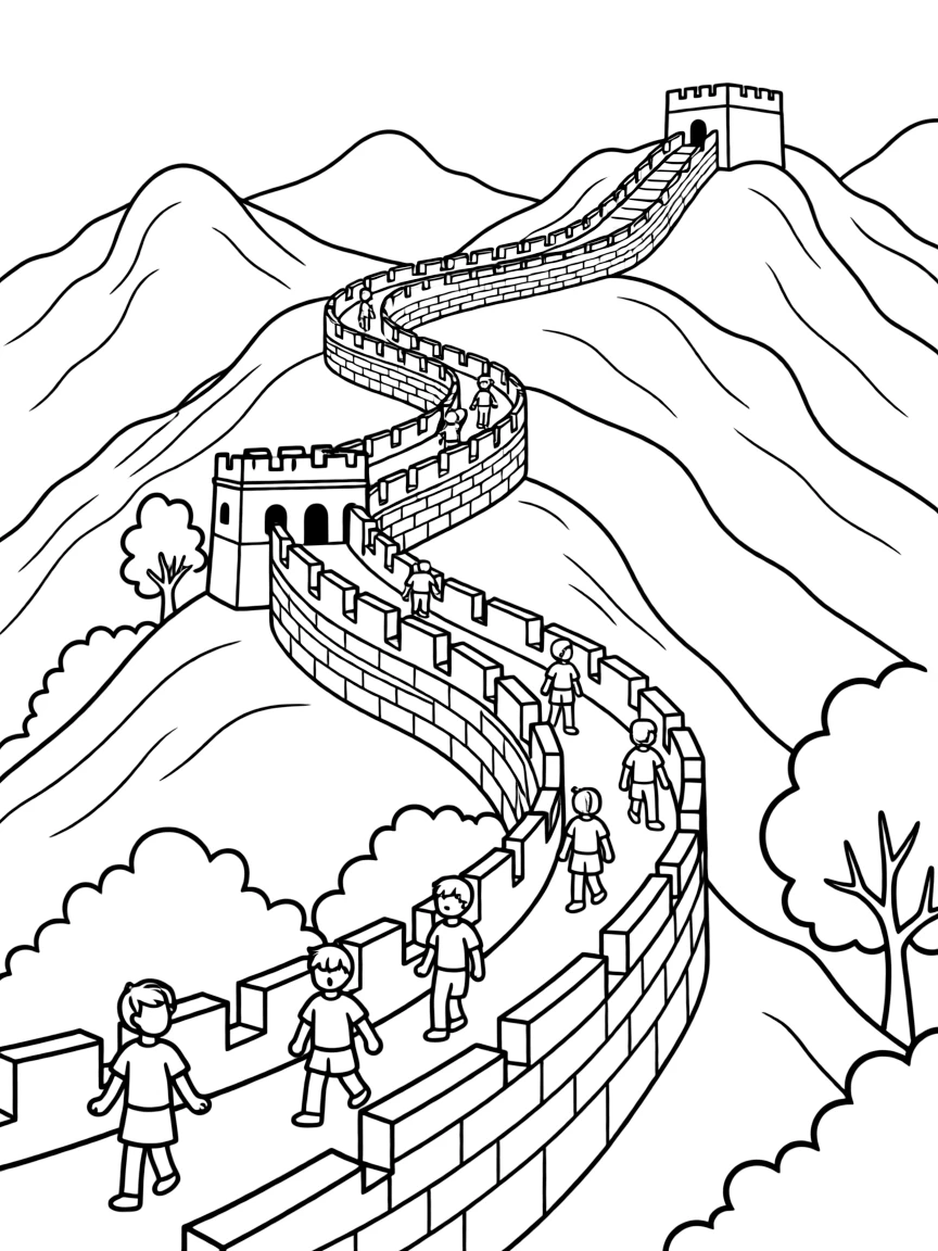 The Great Wall of China winding through green mountains with tiny people walking along.