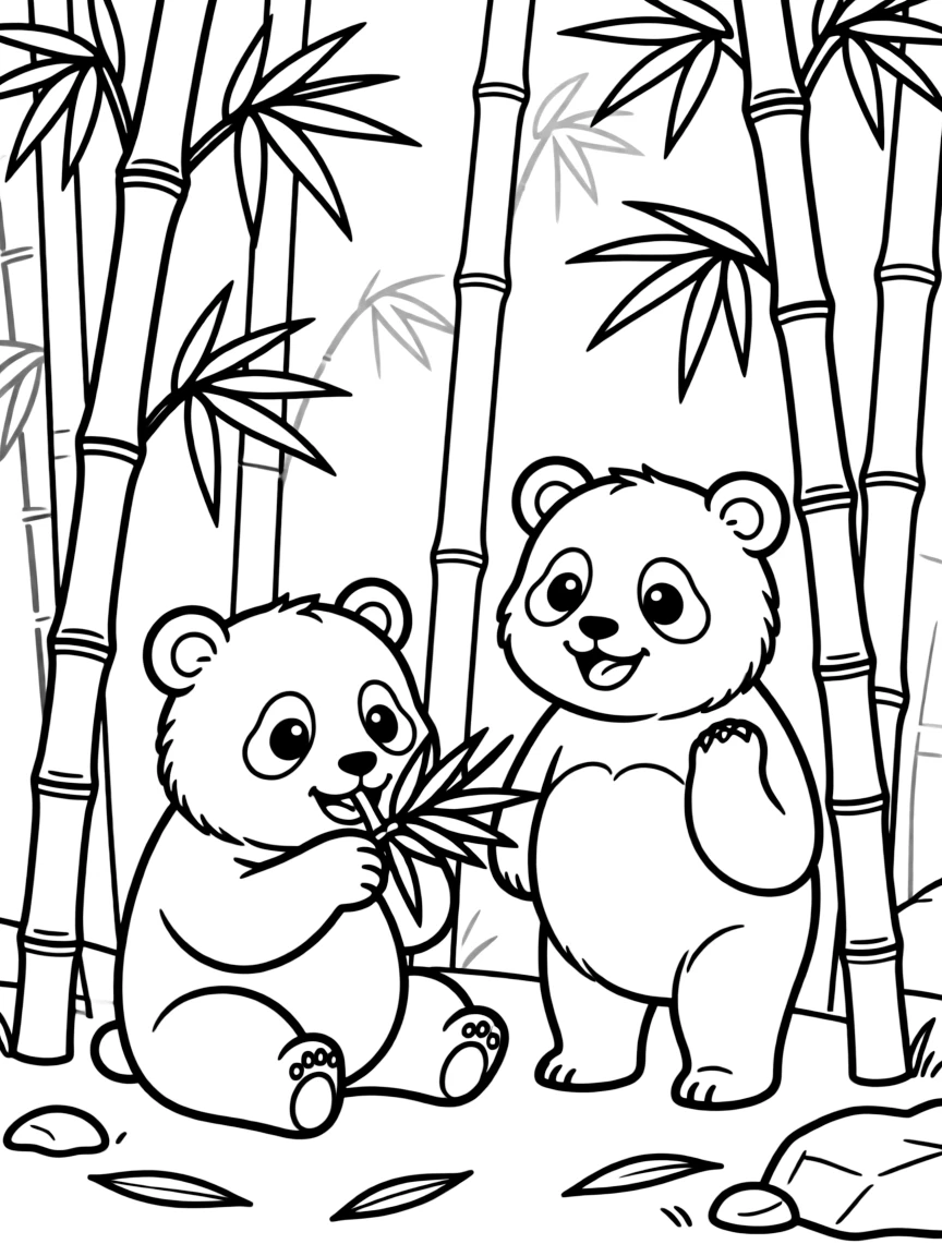 Pandas playing in a bamboo forest in China, munching on leaves.