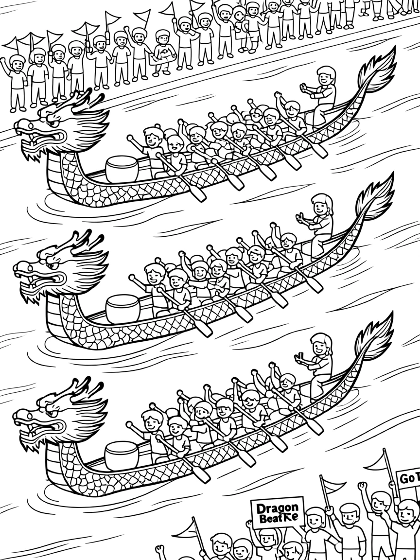 A traditional Chinese dragon boat race with colorful boats and cheering crowds.