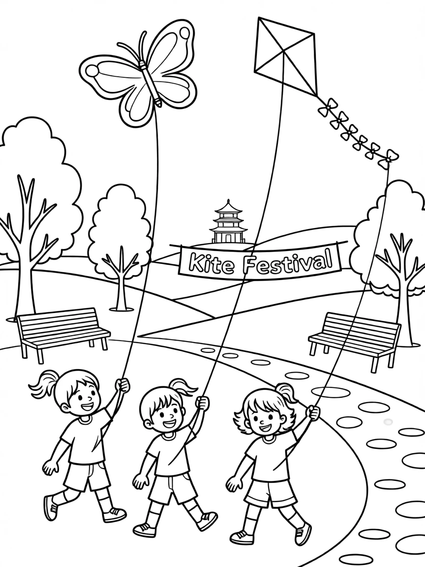 Kids flying colorful kites in a park in China.