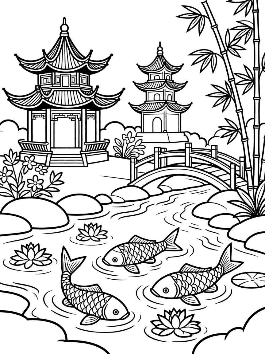A beautiful Chinese garden with peaceful pagodas and koi fish in ponds.