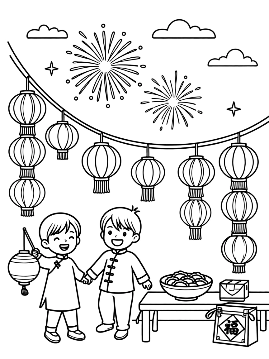 A traditional Chinese New Year celebration with fireworks and lanterns.
