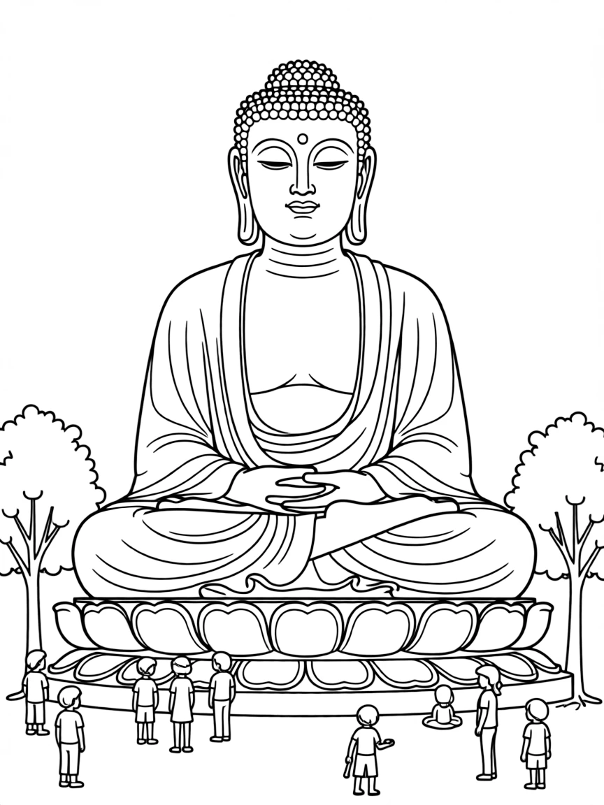 A giant Buddha statue in China with a peaceful expression and tiny visitors.