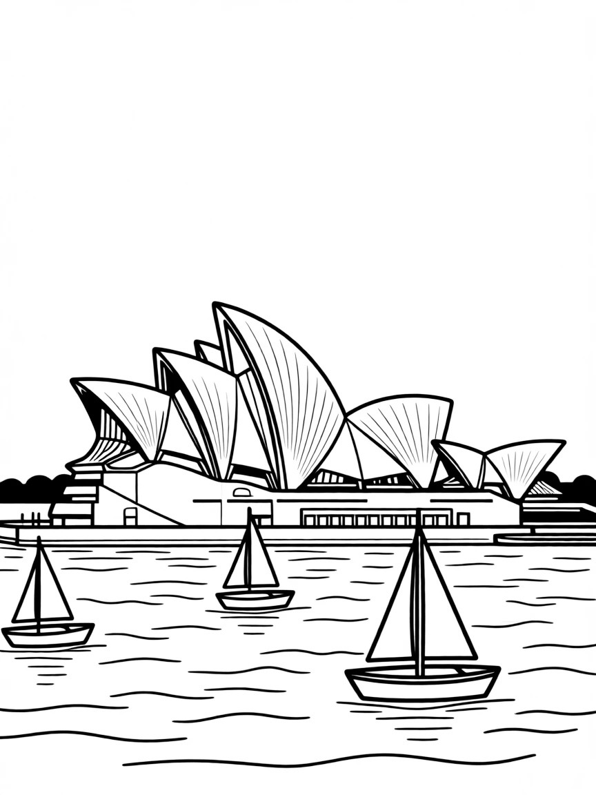 The Sydney Opera House in Australia with its unique sails and boats in the harbor.
