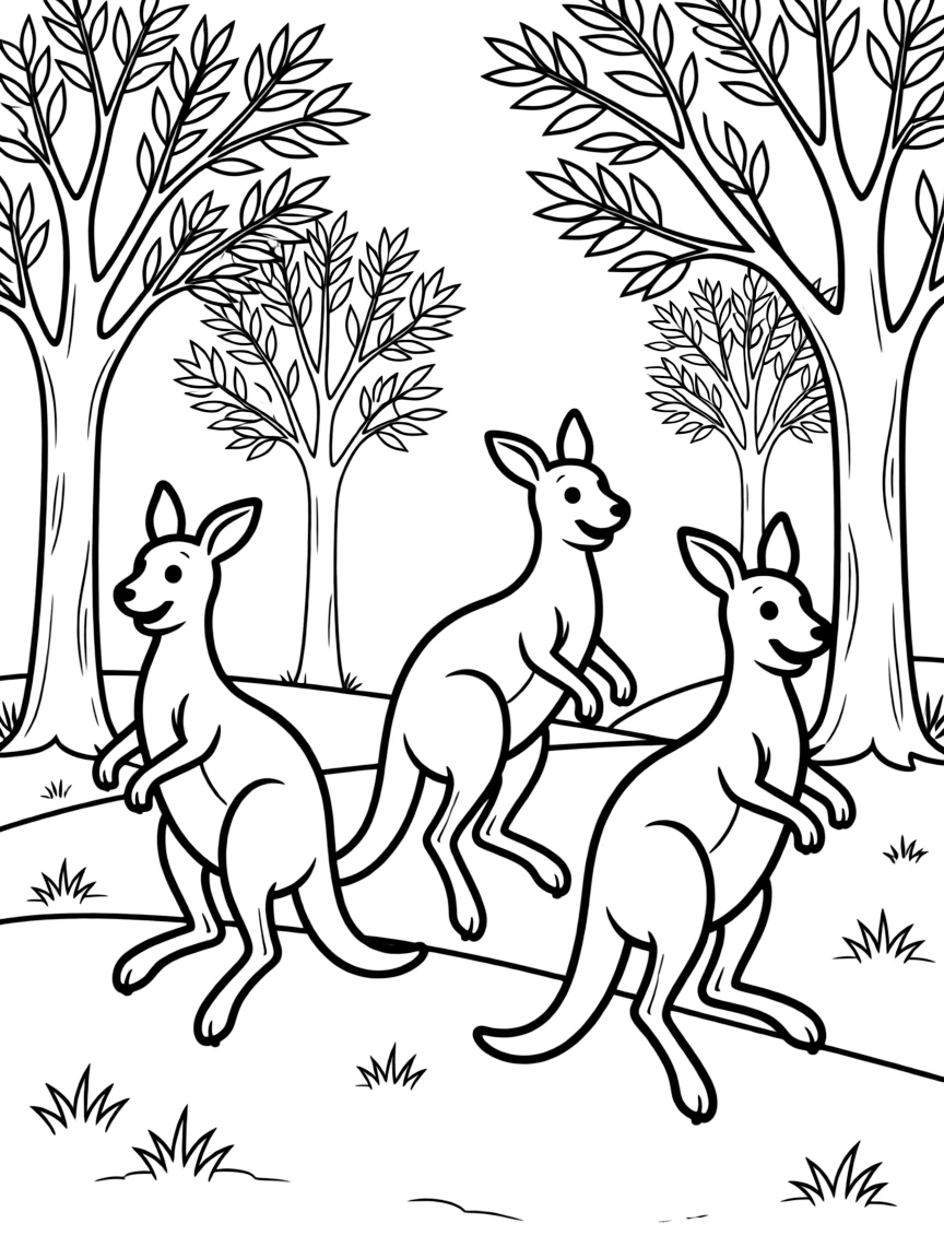 Kangaroos hopping in the Australian outback with eucalyptus trees.