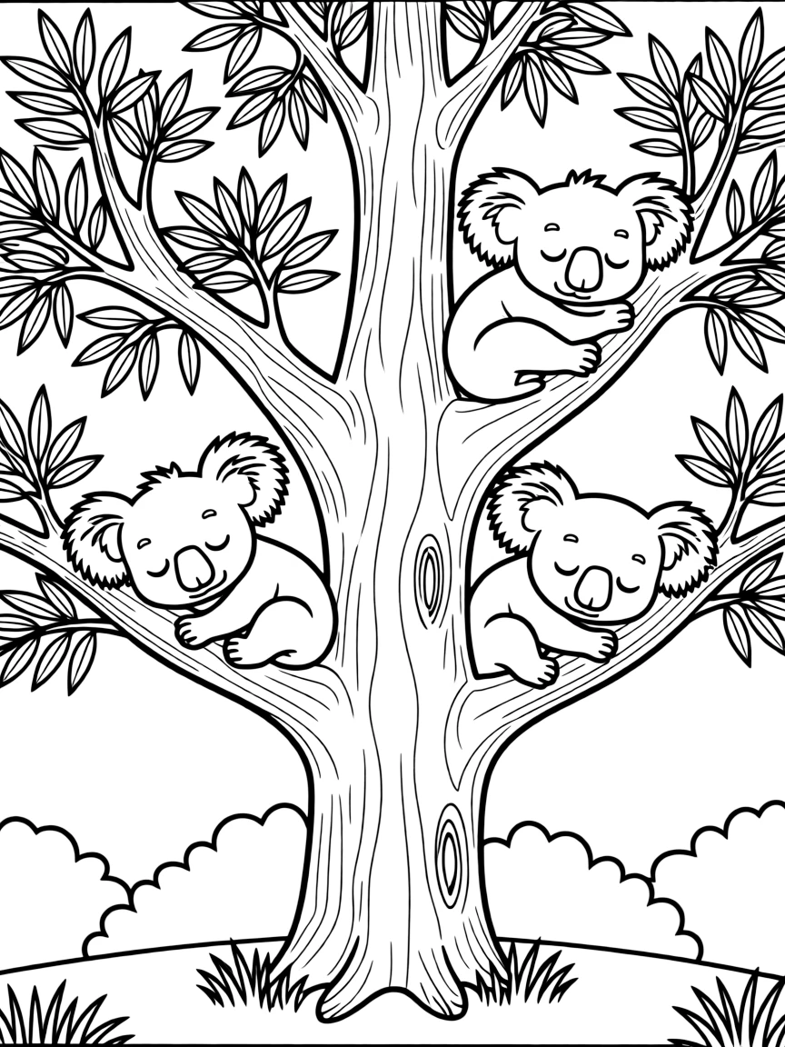 Koalas sleeping in gum trees in Australia, looking cute and cuddly.