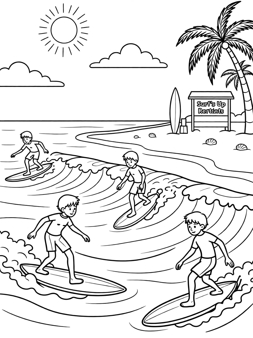 Surfers riding waves on an Australian beach with a sunny sky.